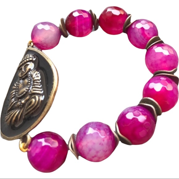 Pink agate Buddha Beaded stretch Bracelet - Picture 7 of 16